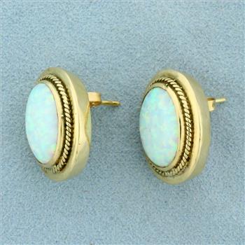Vintage Ethiopian Opal Button Earrings in 14k Yellow Gold