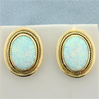 Vintage Ethiopian Opal Button Earrings in 14k Yellow Gold