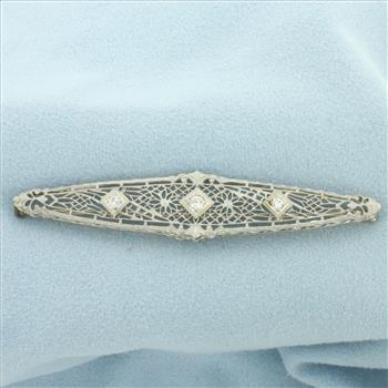 Vintage Filigree Diamond Pin in 14k White Gold
