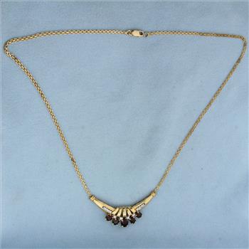 Vintage Garnet and Diamond Necklace in 14k Yellow Gold