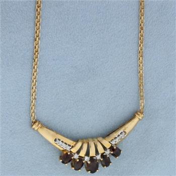 Vintage Garnet and Diamond Necklace in 14k Yellow Gold