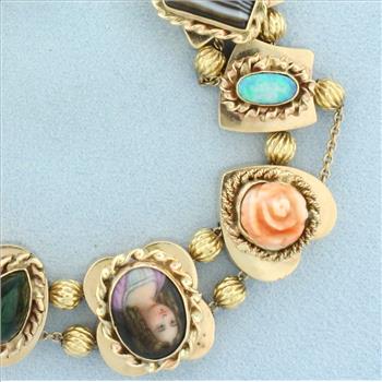 Vintage Gemstone Large Slide Charm Bracelet in 14k Yellow Gold