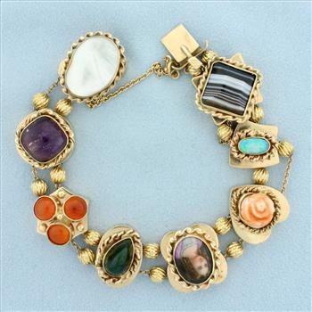 Vintage Gemstone Large Slide Charm Bracelet in 14k Yellow Gold