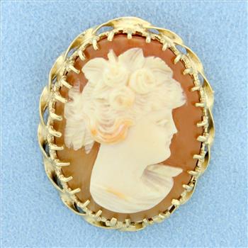 Vintage Hand Cared Shell Cameo Pin or Pendant in 14K Yellow Gold