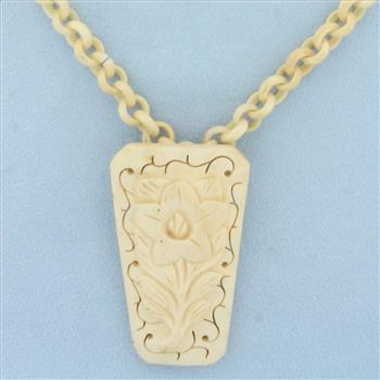 Vintage Hand Carved Bone Necklace With Sterling Silver Clasp