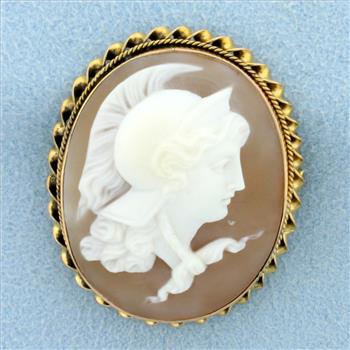 Vintage Hand Carved Shell Spartan Cameo Pin in 14K Yellow Gold