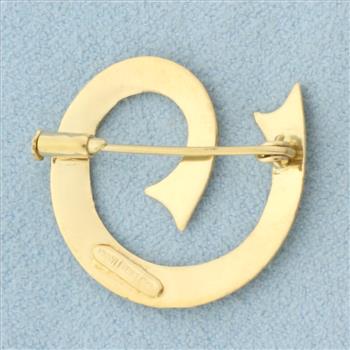 Vintage Italian Diamond Cut Swirl Design Brooch Pin in 18k Yellow and White Gold