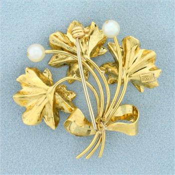Vintage Italian Flower Pearl Pin in 18K Yellow Gold