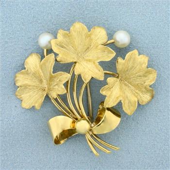 Vintage Italian Flower Pearl Pin in 18K Yellow Gold