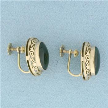 Vintage Jade Screw Back Non Pierced Ears Filigree Earrings in 14k Yellow Gold