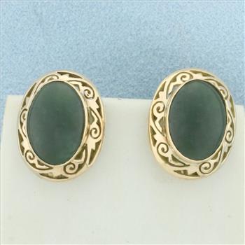 Vintage Jade Screw Back Non Pierced Ears Filigree Earrings in 14k Yellow Gold