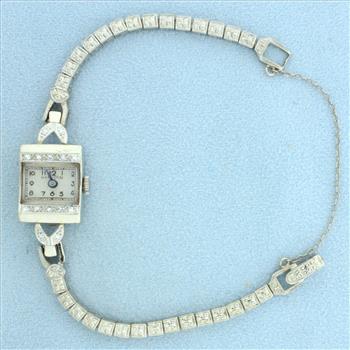 Vintage Ladies Hampden Diamond Watch in Solid 14K White Gold
