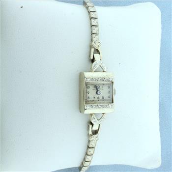 Vintage Ladies Hampden Diamond Watch in Solid 14K White Gold