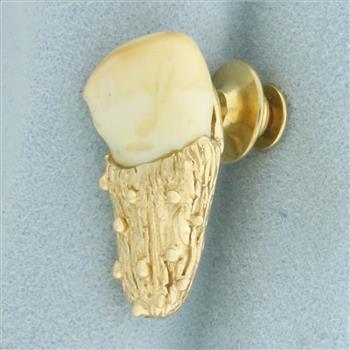 Vintage Large Animal Tooth Pin in 10k Yellow Gold