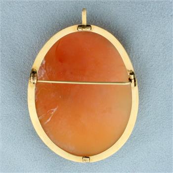 Vintage Large Hand Carved Shell Cameo Pendant or Pin in 14K Yellow Gold