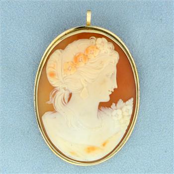 Vintage Large Hand Carved Shell Cameo Pendant or Pin in 14K Yellow Gold