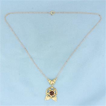 Vintage Lavalier Garnet Flower Necklace In 14k and 10k Yellow Gold