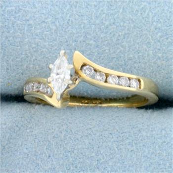 Vintage Marquise and Round Diamond Bypass Engagement Ring in 14K Yellow Gold
