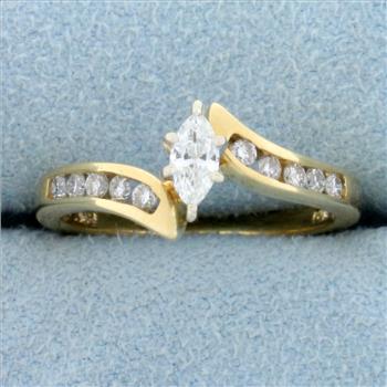 Vintage Marquise and Round Diamond Bypass Engagement Ring in 14K Yellow Gold