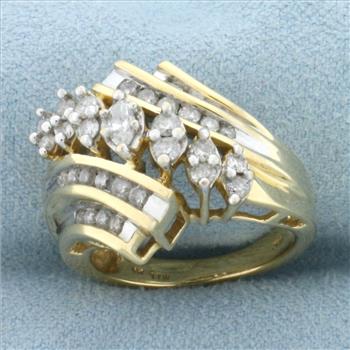 Vintage Marquise and Round Diamond Cocktail Ring in 14k Yellow Gold