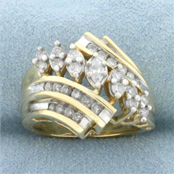 Vintage Marquise and Round Diamond Cocktail Ring in 14k Yellow Gold