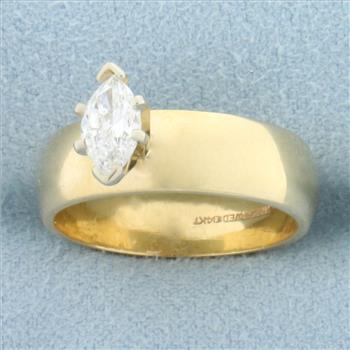 Vintage Marquise Diamond Solitaire Wide Band Engagement Ring in 14k Yellow Gold