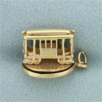 Vintage Mechanical Cable Car Trolley Charm in 14k Yellow Gold