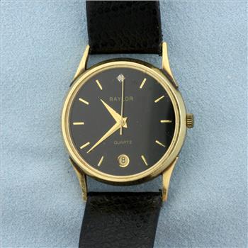 Vintage Mens Baylor Diamond Quartz Watch in Solid 14k Yellow Gold Case