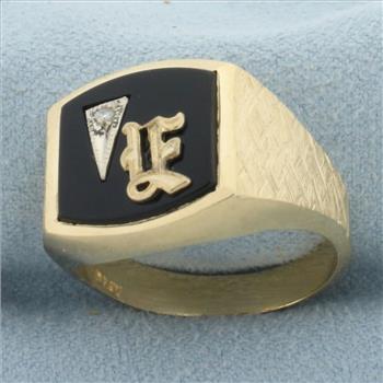 Vintage Mens Diamond E or F Initial Monogram Ring in 14k Yellow Gold