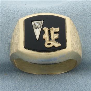 Vintage Mens Diamond E or F Initial Monogram Ring in 14k Yellow Gold
