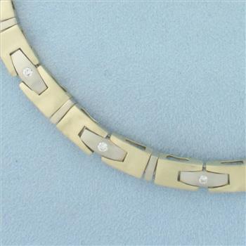 Vintage Men's Satin Finish Diamond Bracelet in 14k Yellow and White Gold