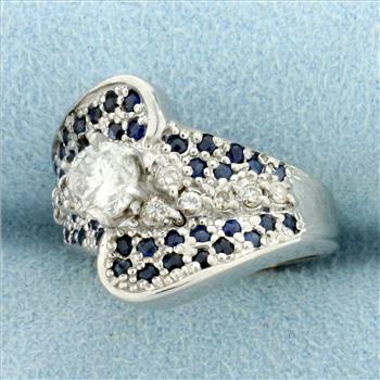 Vintage Natural Sapphire and Diamond Engagement Ring in 14k White Gold