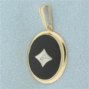 Vintage Onyx and Diamond Pendant in 10k Yellow Gold