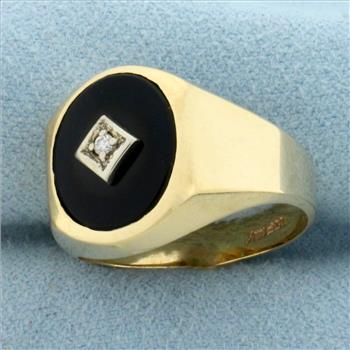 Vintage Onyx and Diamond Signet Ring in 14k Yellow Gold