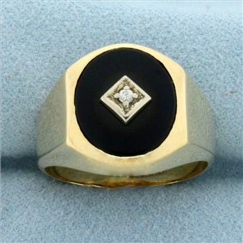 Vintage Onyx and Diamond Signet Ring in 14k Yellow Gold
