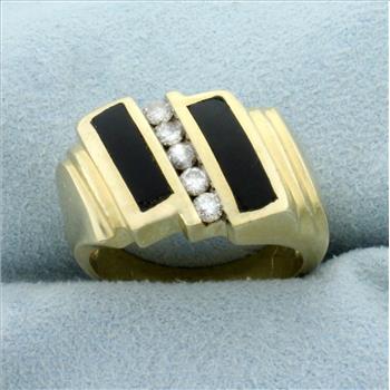 Vintage Onyx Inlay and Diamond Ring in 14k Yellow Gold