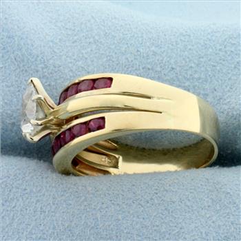 Vintage Pear Diamond and Ruby Ring in 14K Yellow Gold