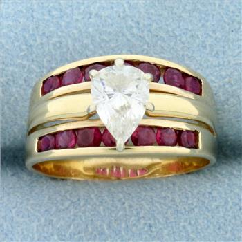 Vintage Pear Diamond and Ruby Ring in 14K Yellow Gold