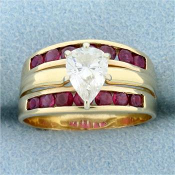 Vintage Pear Diamond and Ruby Ring in 14K Yellow Gold