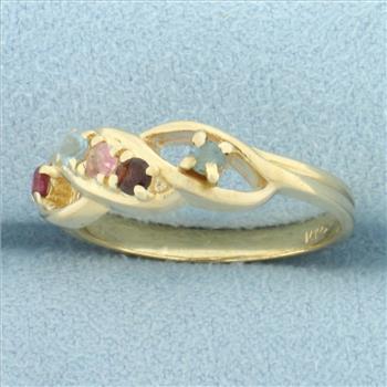 Vintage Rainbow Gemstone Twist Design Ring in 14k Yellow Gold