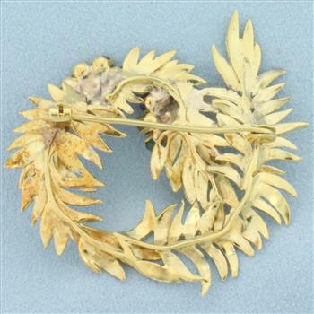 Vintage Rainbow Gemstone Wreath Brooch in 18k Yellow Gold