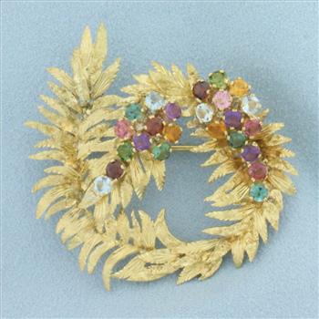Vintage Rainbow Gemstone Wreath Brooch in 18k Yellow Gold