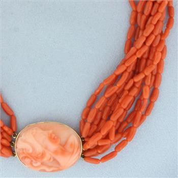 Vintage Red Coral Multi-Strand Cameo Necklace in 14k Yellow Gold