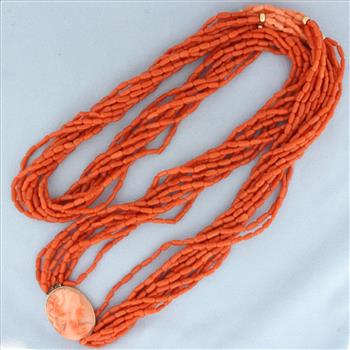 Vintage Red Coral Multi-Strand Cameo Necklace in 14k Yellow Gold