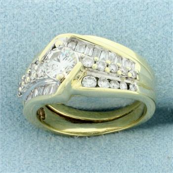 Vintage Round and Baguette Diamond Engagement Ring in 14k Yellow and White Gold