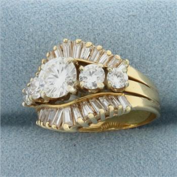 Vintage Round and Baguette Diamond Engagement Ring in 14k Yellow Gold