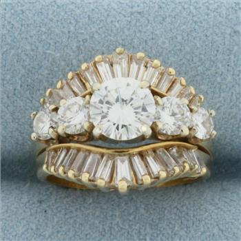 Vintage Round and Baguette Diamond Engagement Ring in 14k Yellow Gold