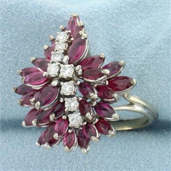 Vintage Ruby And Diamond Flower Design Ring in 18k White Gold