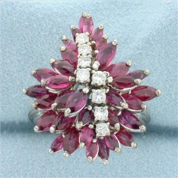 Vintage Ruby And Diamond Flower Design Ring in 18k White Gold