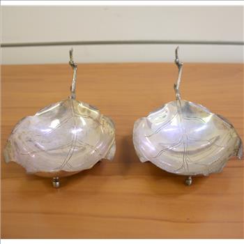 Vintage Sanborns Three Owl Mark Pair of Footed Leaf Twig Dishes in Sterling Silver
